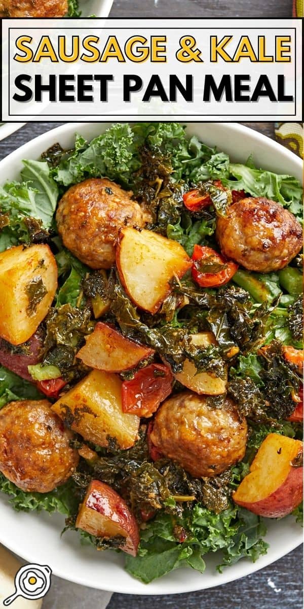 Overhead shot of Sausage Meatball and Kale Sheet Pan Meal in a white bowl.