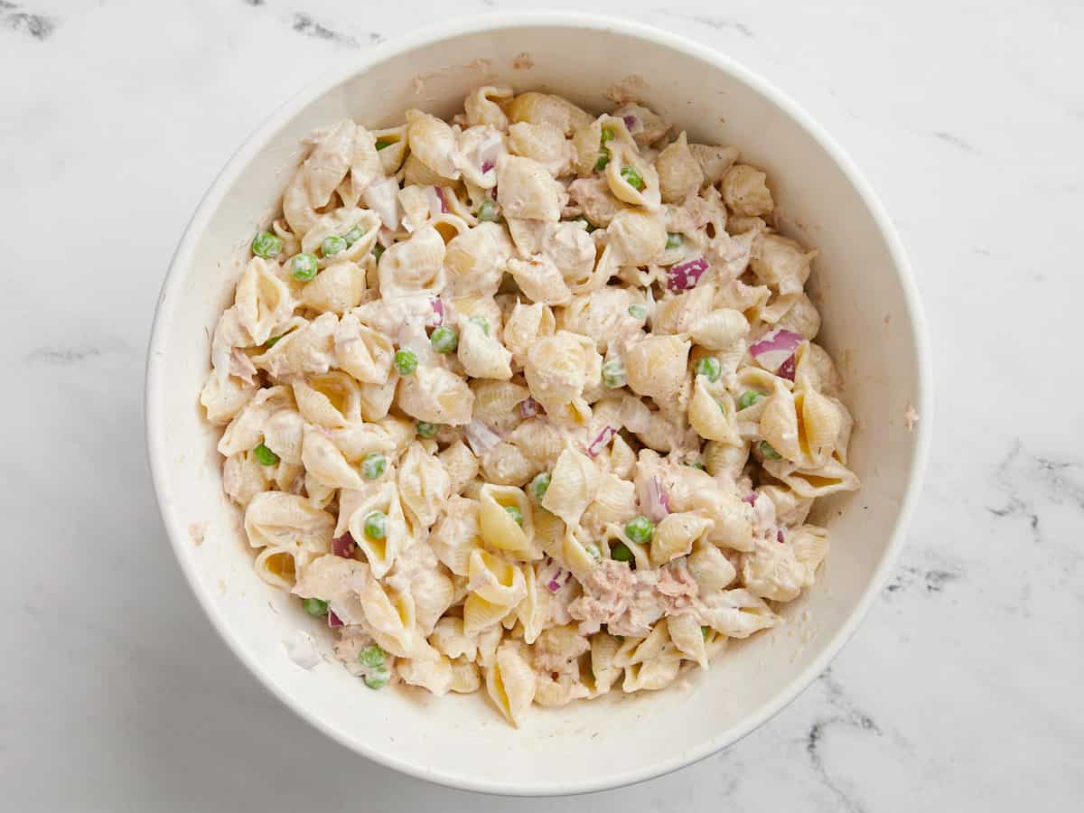 Finished tuna pasta salad in a bowl.