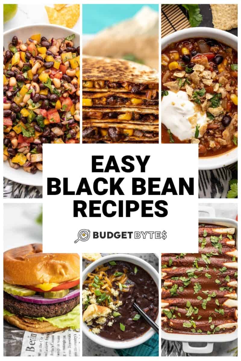 Collage of six black bean recipes with title text in the center.