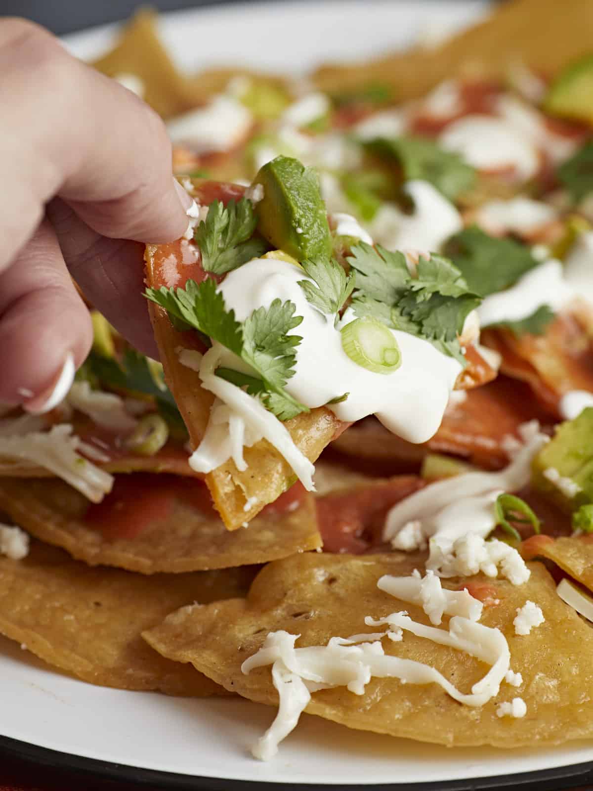 Side shot of a hand picking up a chilaquile served on a white plate.