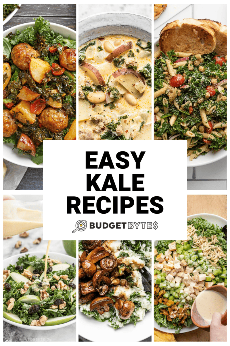 Collage of six kale recipe photos with title text in the center.