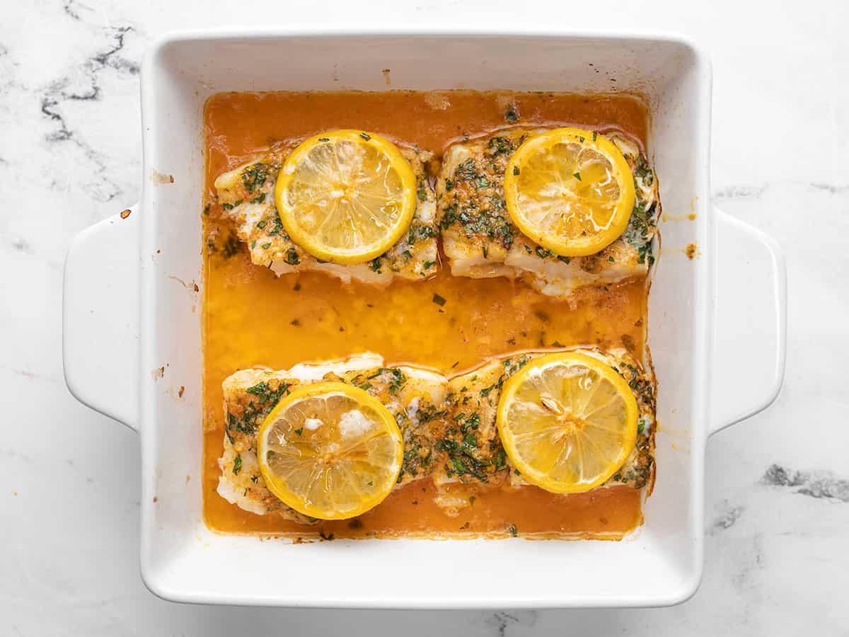 Baked fish after it came out of the oven.