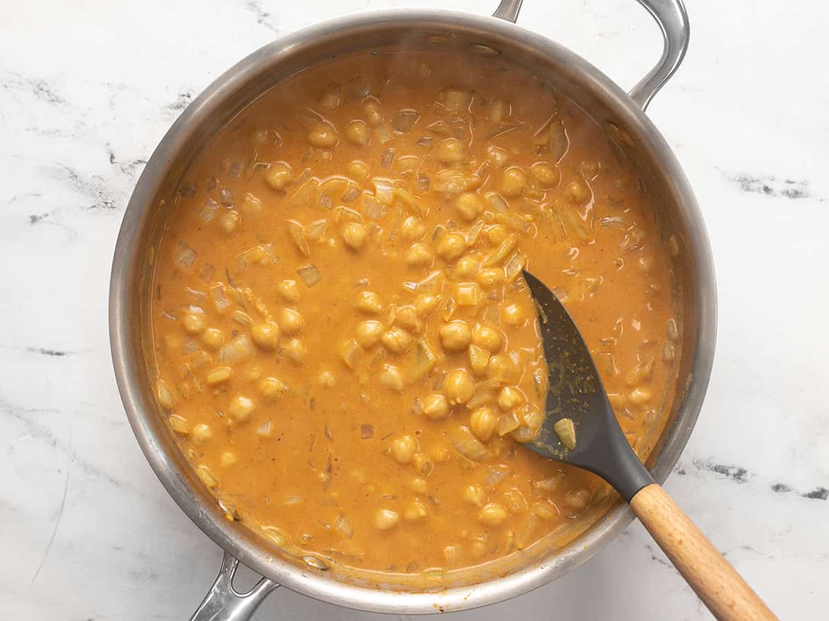 Simmered chickpeas in curry sauce.