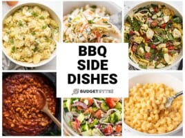 Collage of six BBQ side dishes with title text in the center.