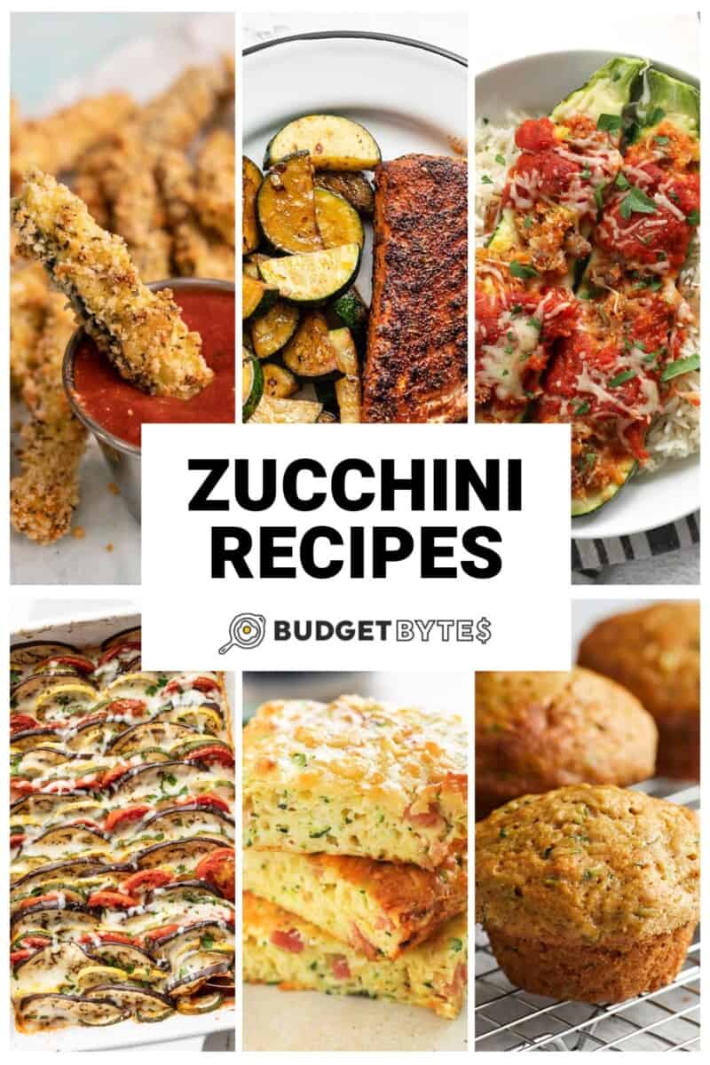 Six zucchini recipes in a collage with the title text in the center.