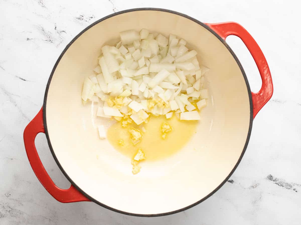 Onions, garlic, and oil in a soup pot.