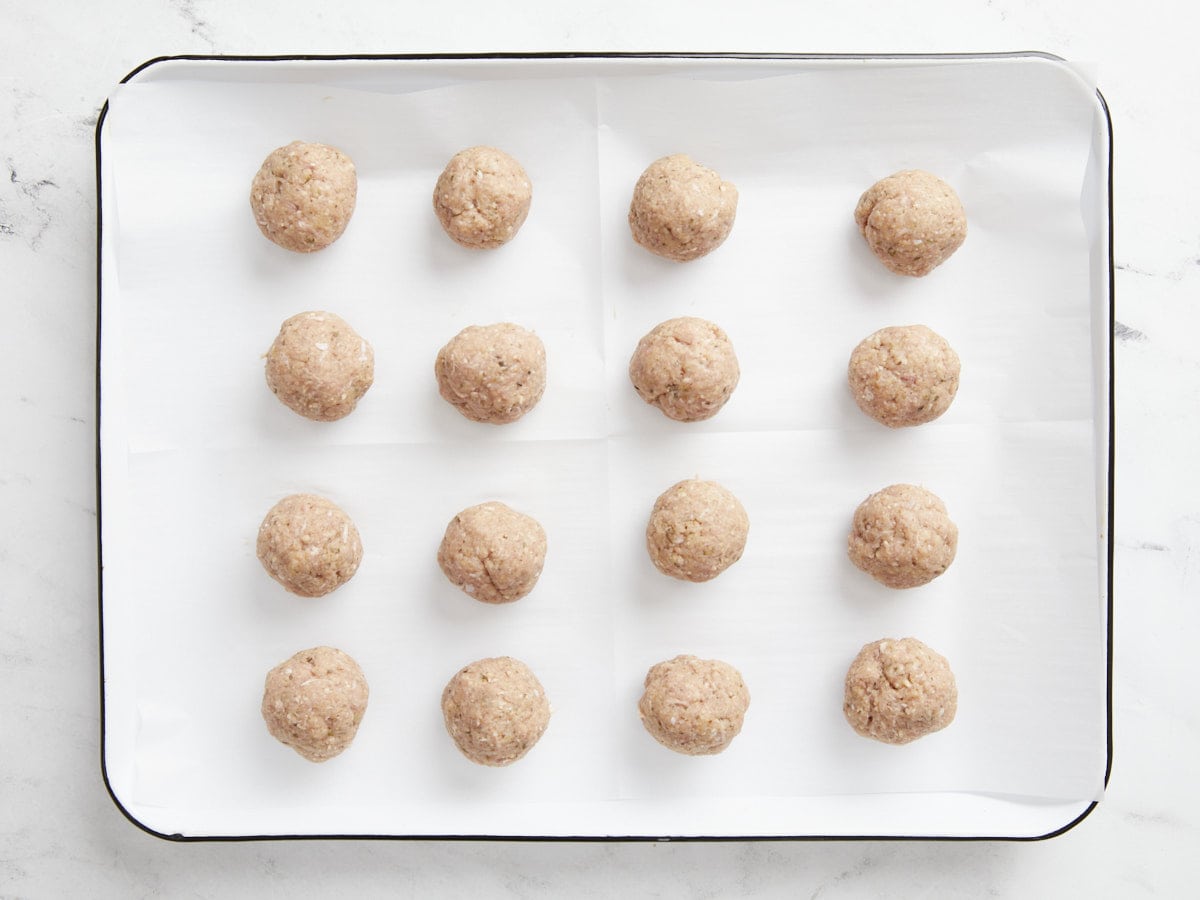 Shaped meatballs ready to bake. 