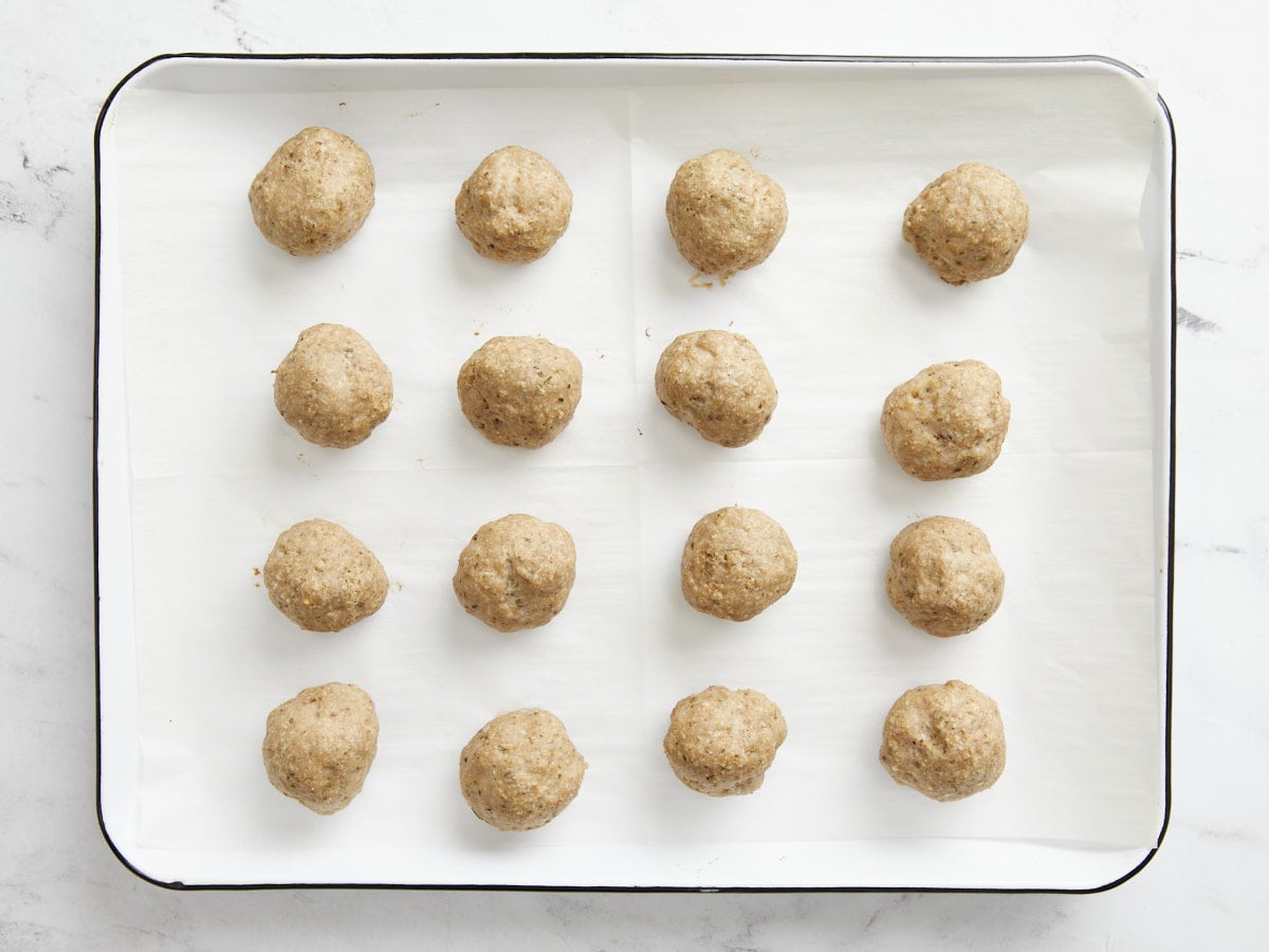 Baked turkey meatballs on a sheet pan. 