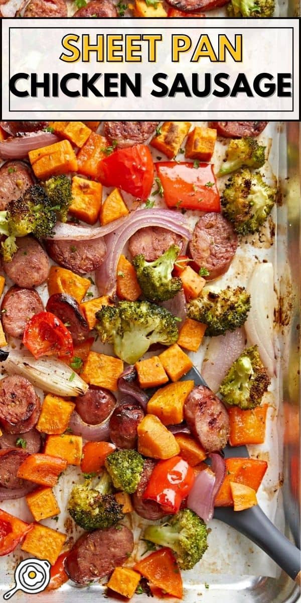 Close up overhead photo of Sheet Pan Chicken Sausage Dinner