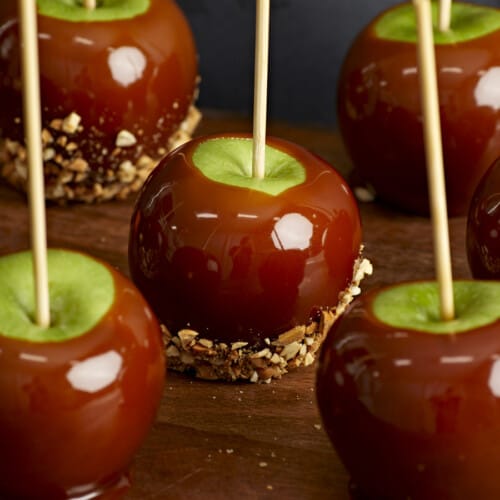 Caramel apples lined up in three rows, some with peanuts.