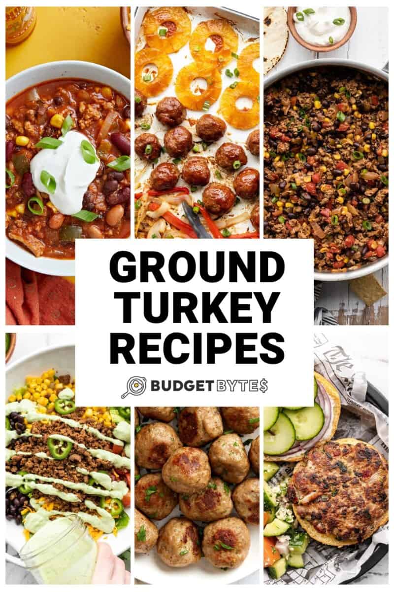 Collage of six ground turkey recipes with title text in the center.