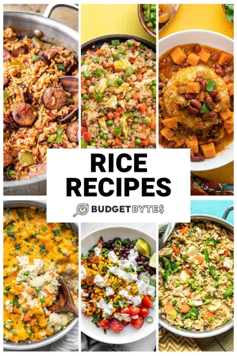 Collage of six easy rice recipes with title text in the center.