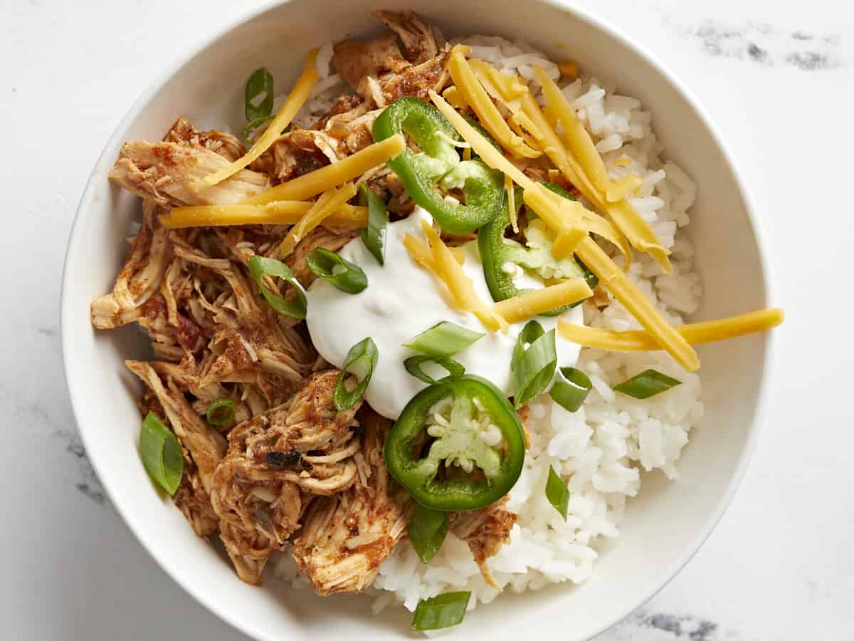 A burrito bowl made with salsa chicken.