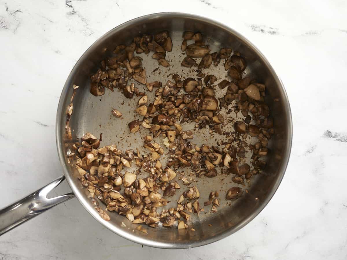 Cooked mushrooms in a skillet. 