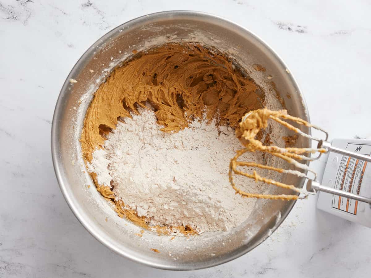 Dry ingredients added to the butter and sugar mixture. 