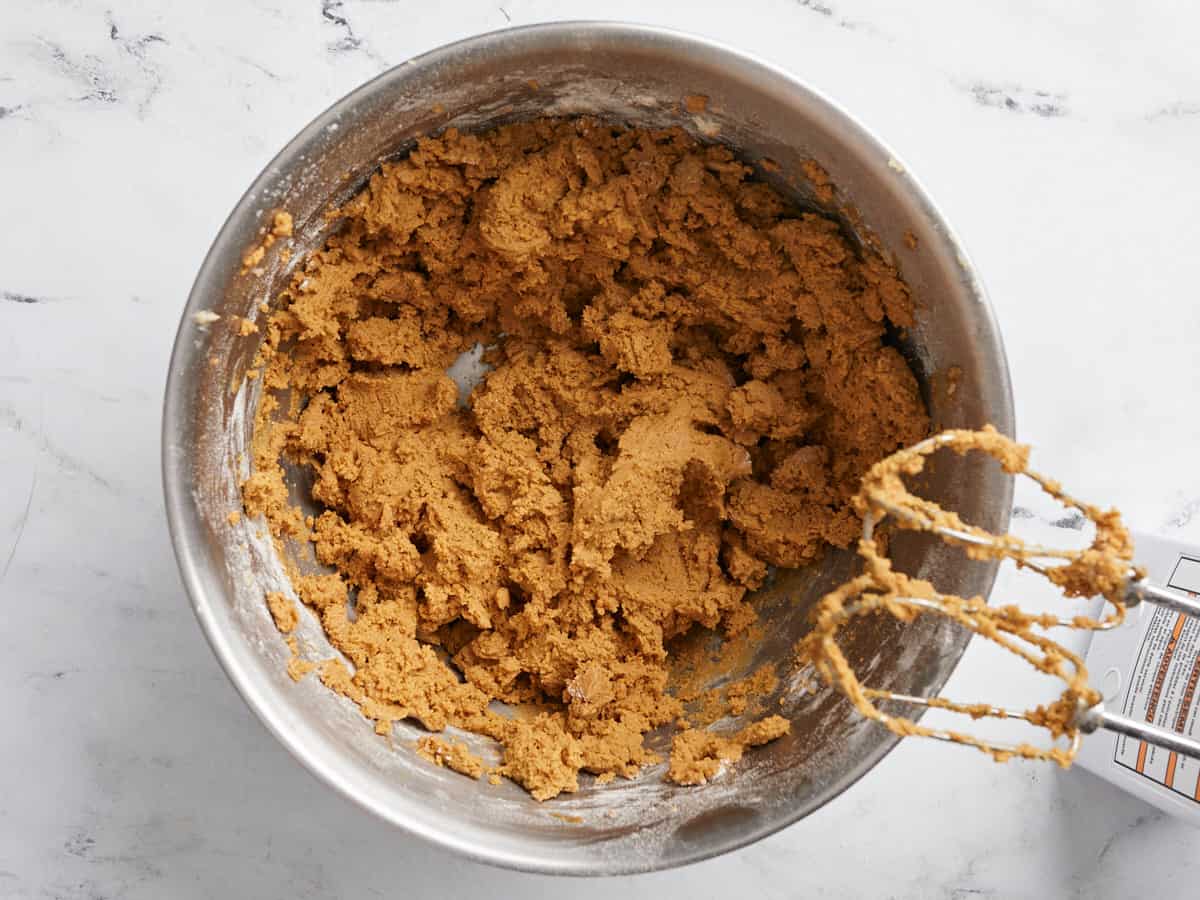 Finished cookie batter in the mixing bowl.