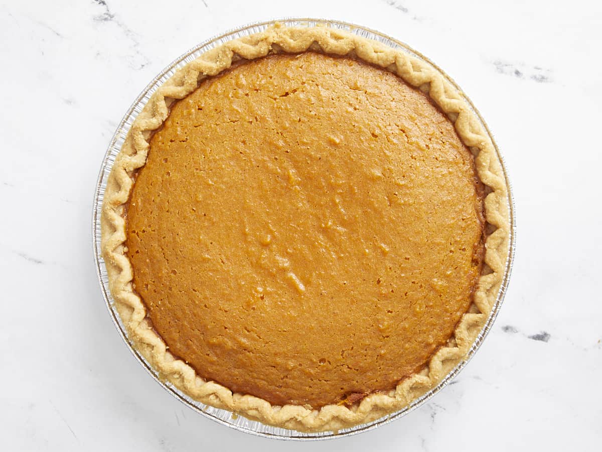 Overhead view of baked sweet potato pie.