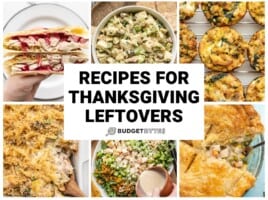 Collage of six recipes for Thanksgiving leftovers with title text in the center.