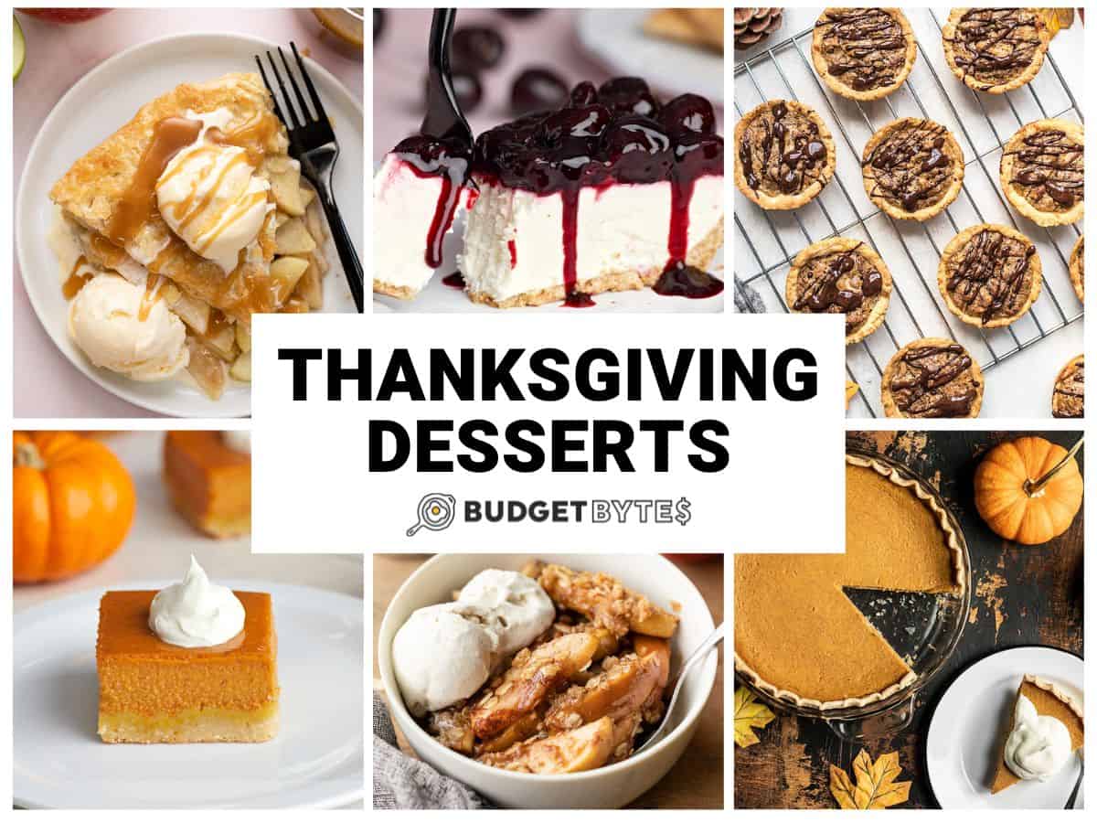 Collage of six Thanksgiving dessert recipes with title text in the center.