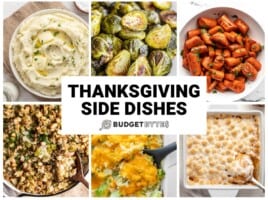 Collage of six Thanksgiving side dishes with title text in the center.