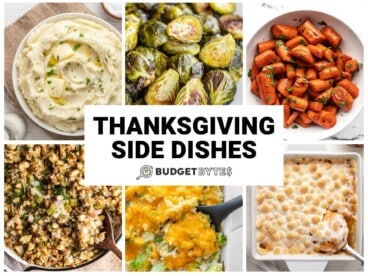 Collage of six Thanksgiving side dishes with title text in the center.