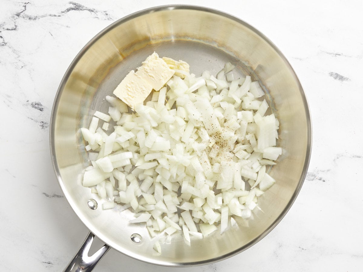 Diced onion and butter in a skillet.