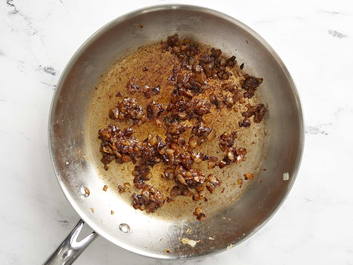 Fully caramelized onions in the skillet. 