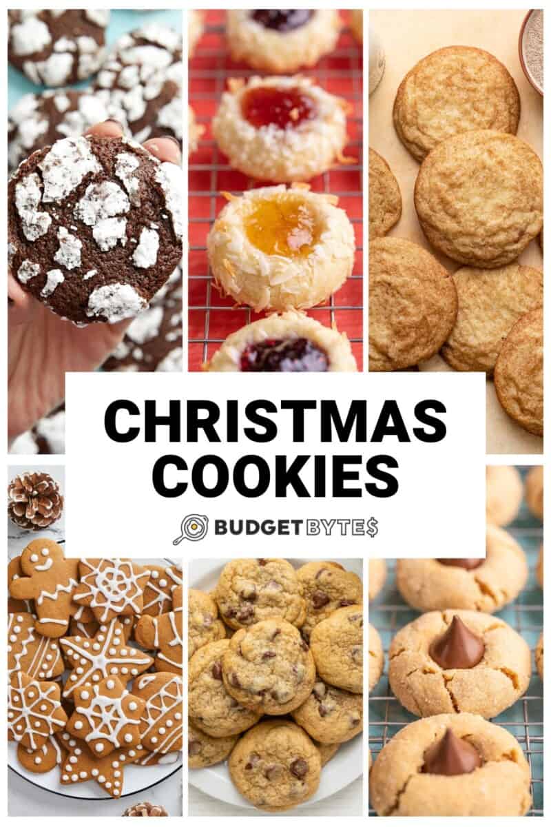 Collage of six Christmas cookies with title text in the center.