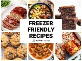 Collage of six freezer friendly recipes with title text in the center.