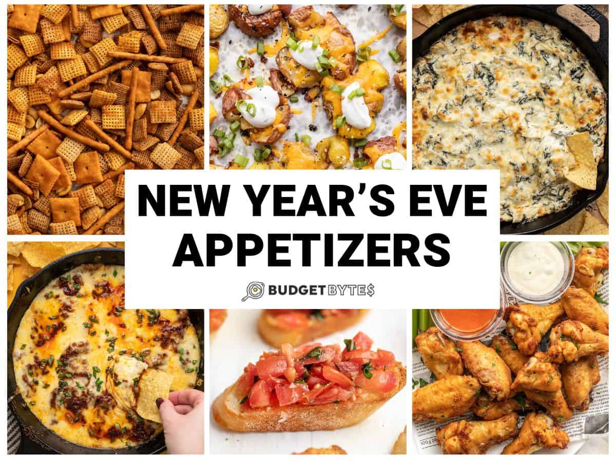 Collage of six New Year's Eve Appetizers with title text in the center.