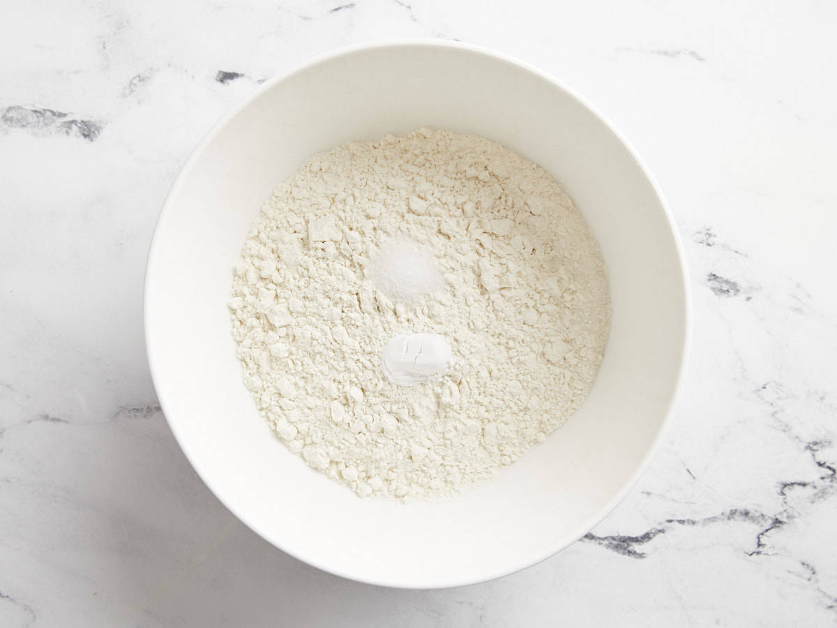 Dry ingredients whisked in a bowl.