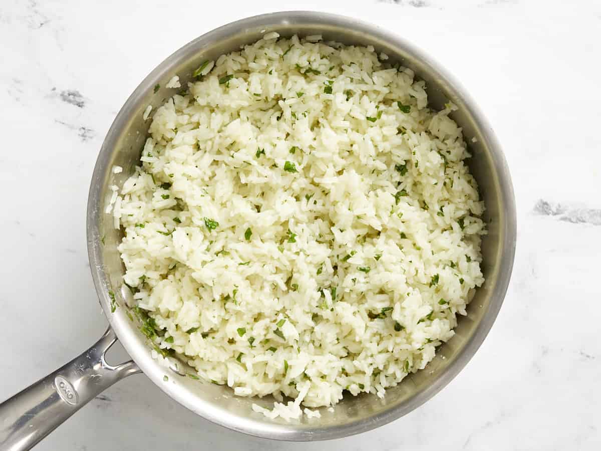 Finished cilantro lime rice in a pot. 