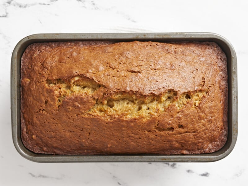 Baked banana bread in the bread pan. 