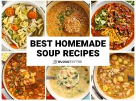 Collage of six soup recipes with title text in the center.