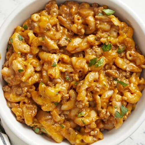 Close up overhead view of a bowl of chili mac.