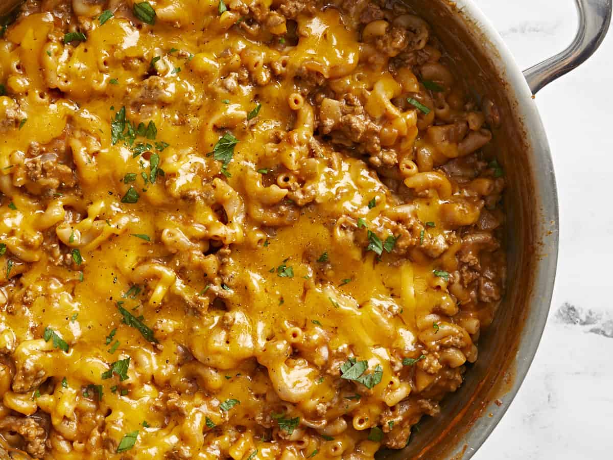 Close up overhead view of chili mac in the pan. 