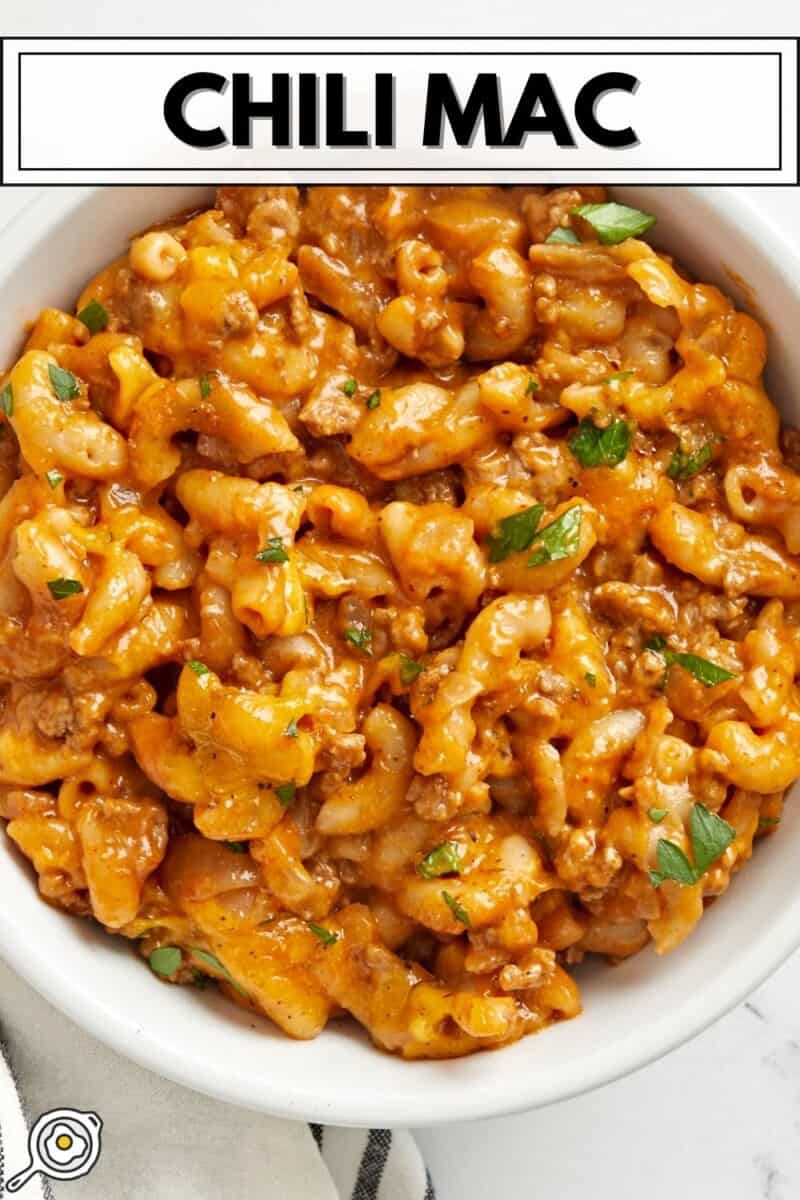 Close up overhead view of a bowl full of chili mac.