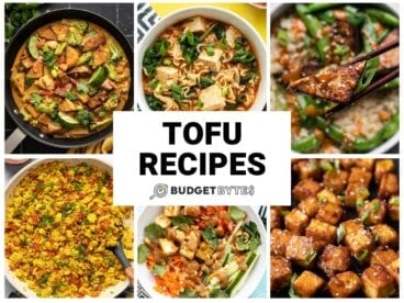 Collage of six tofu recipes with title text in the center.