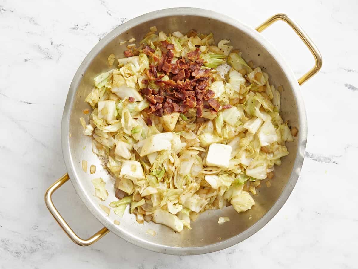 Crumbled bacon added to the cabbage.