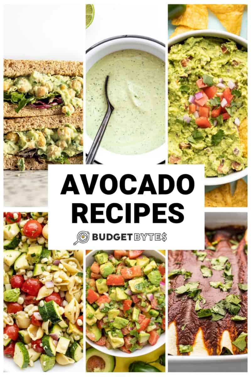 Collage of six Avocado Recipes with title text in the center.