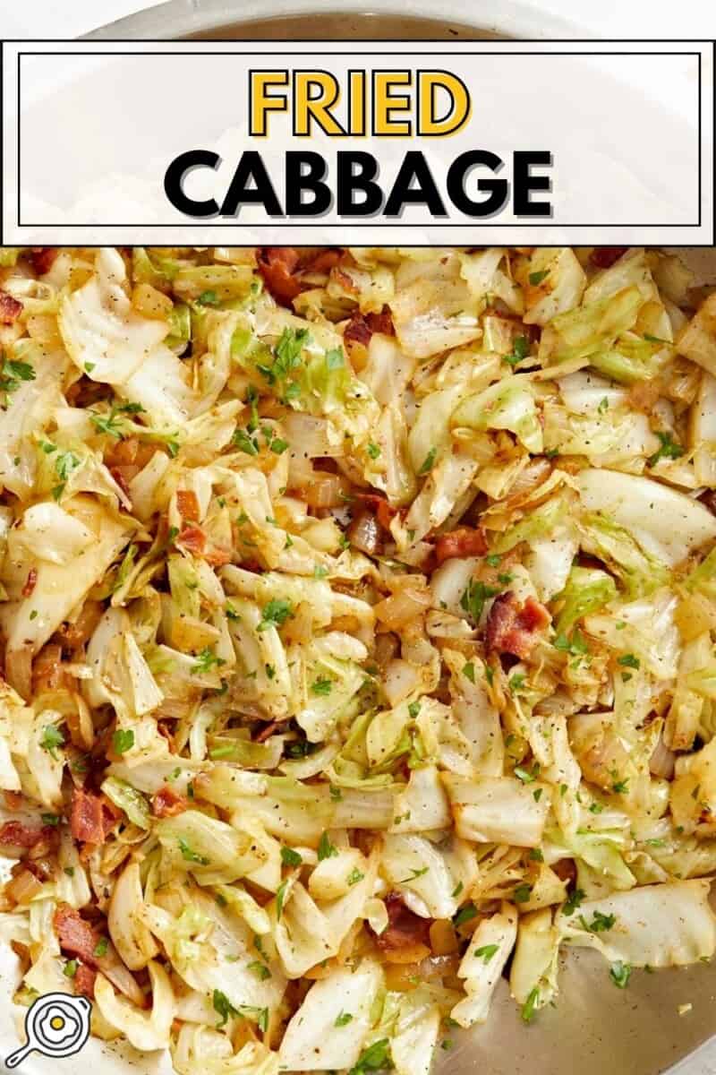 Close up overhead view of fried cabbage in a skillet.