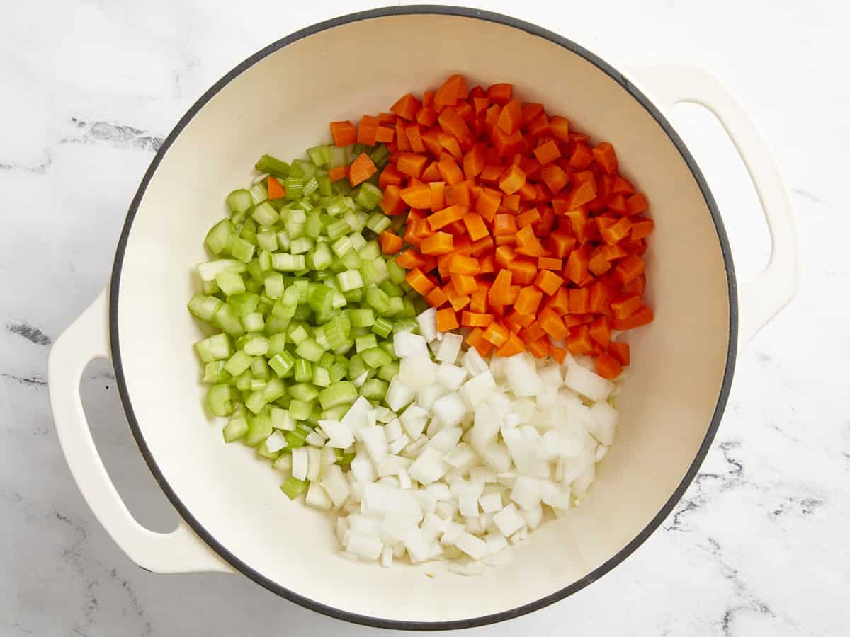 chopped celery, carrots, and onions in s white dutch oven.