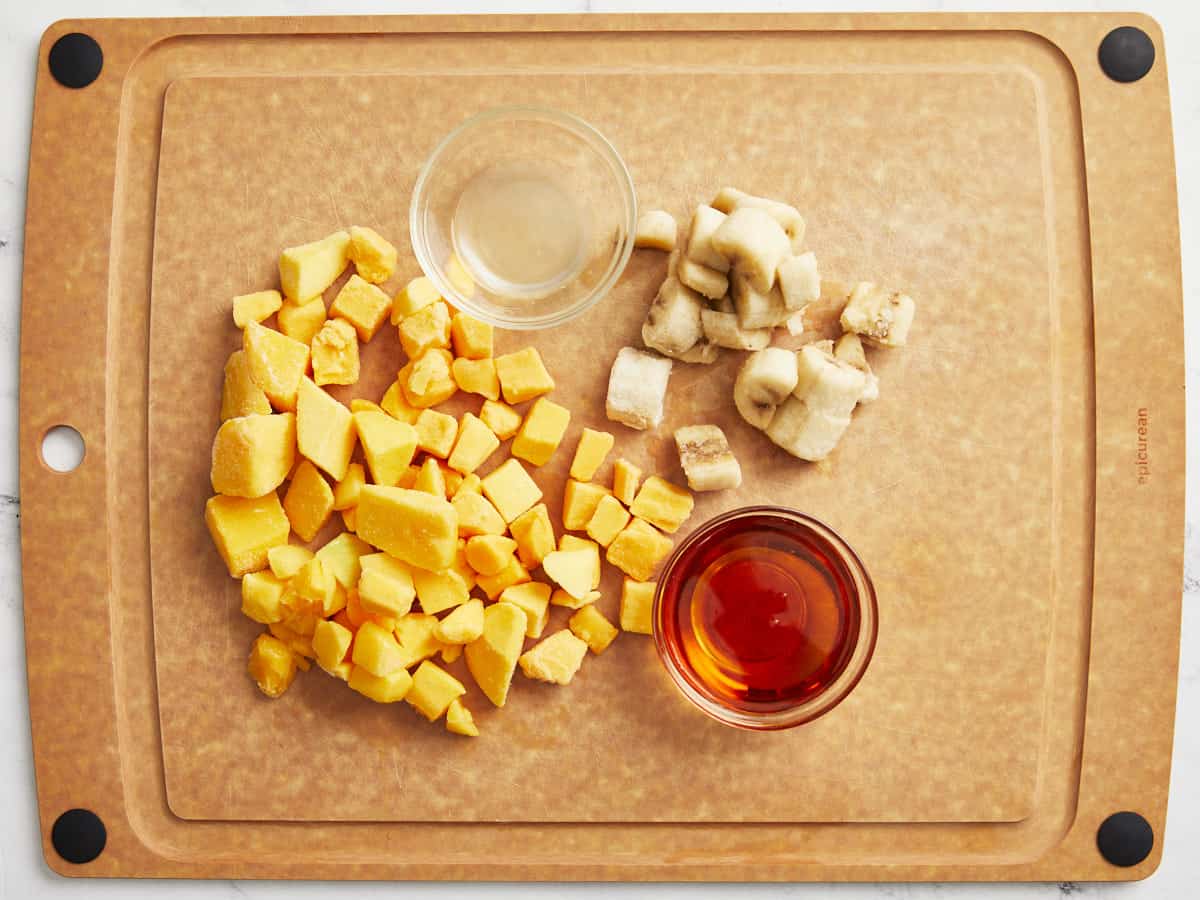 ingredients for sorbet on a cutting board.