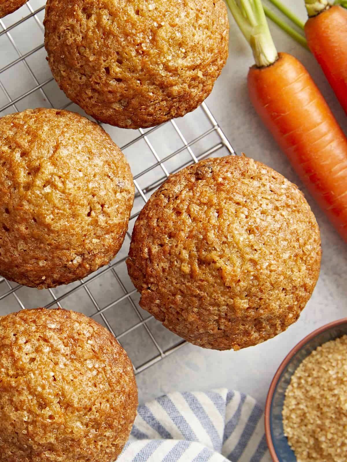 Overhead view of Carrot Cake Muffins on a cooling rack.