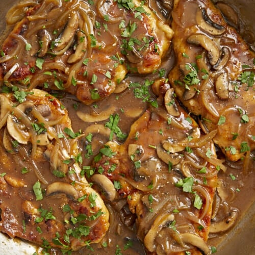 overhead view of chicken marsala in a pan.