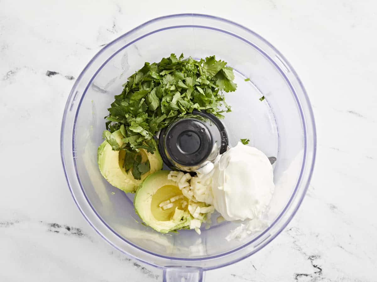 ingredients for avocado dressing in food processor