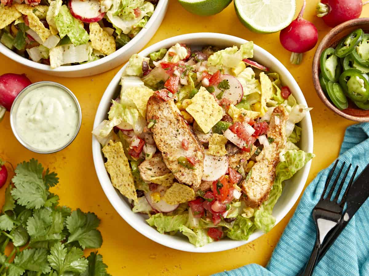 overhead view of a santa fe salad in a white bowl.