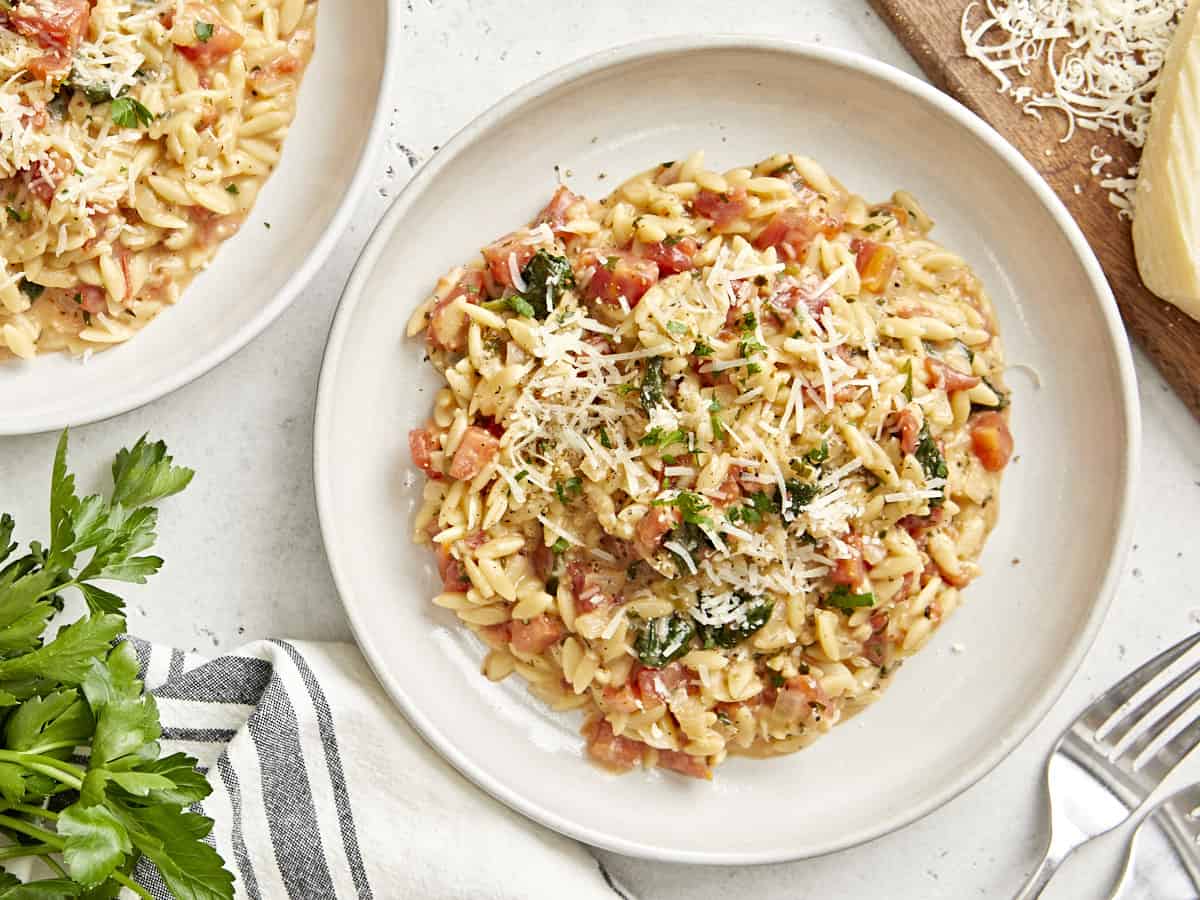 overhead view of a serving of tuscan orzo on a white plate.