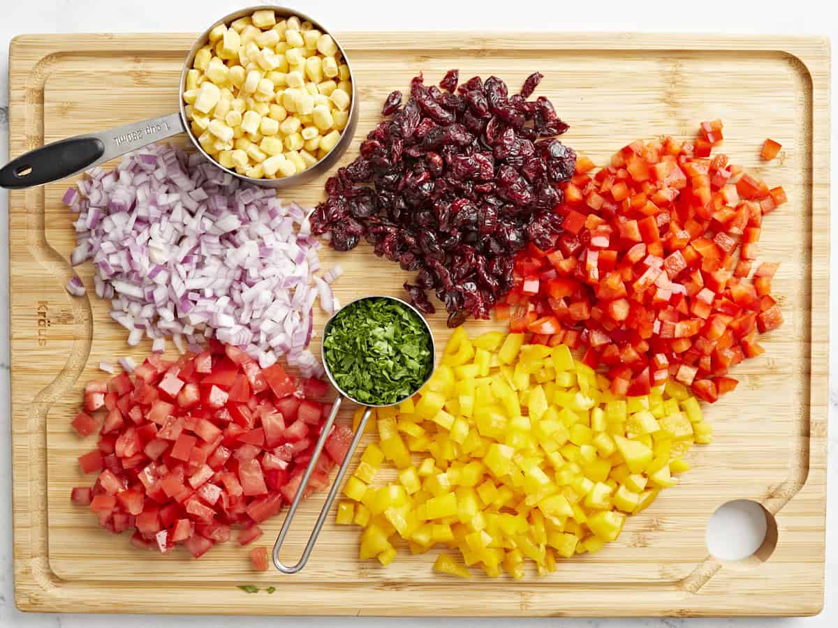 Chopped vegetables on a cutting board.