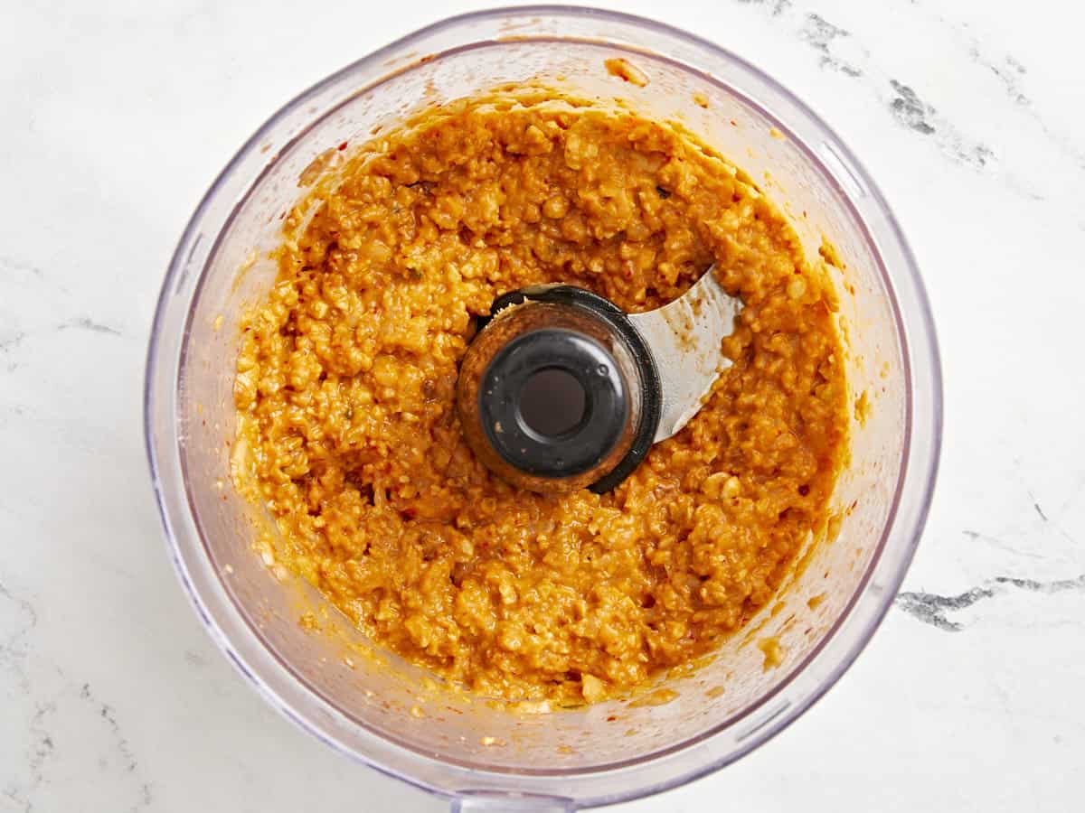 kimchi filling in a food processor.